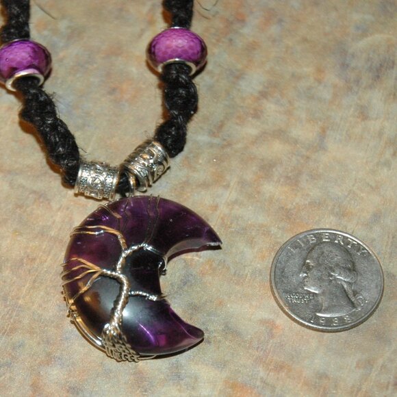 Amethyst Wire Wrapped Tree of Life Crescent Moon on a 20" Black Hemp Necklace - Picture 2 of 4